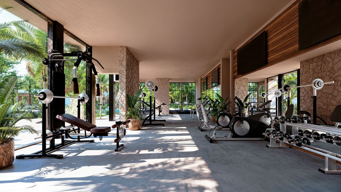 Gimnasio completo — zona de pesas y entrenamiento